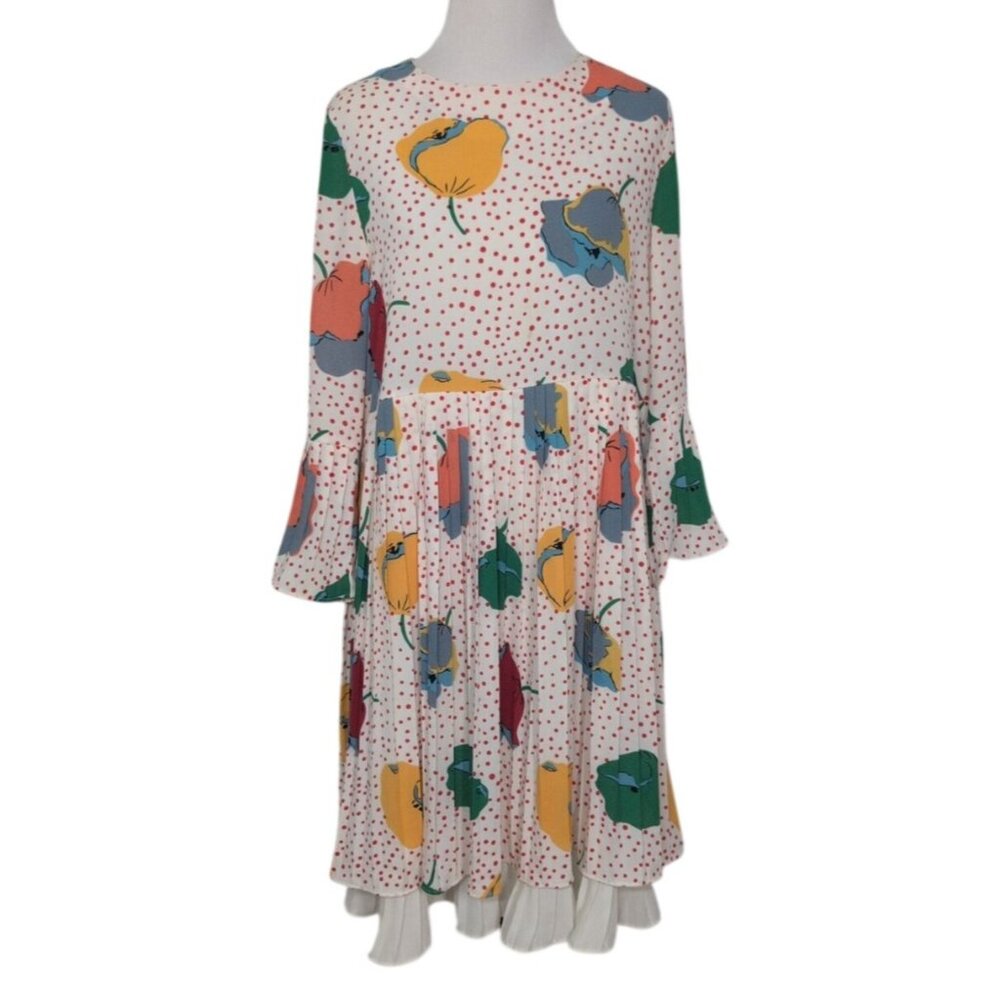 Othermix Floral Dress Womens Size Large White Polka Dot Pleated Bell Sleeve Boho